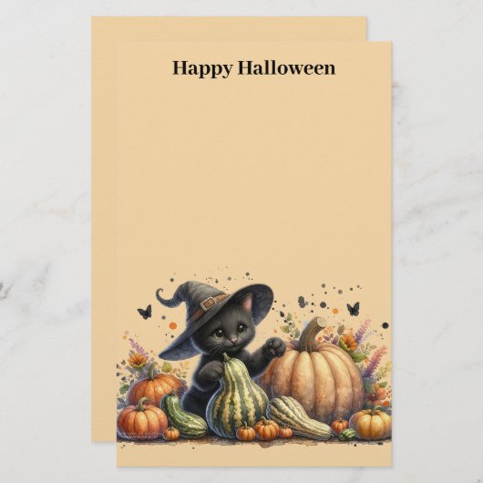 Halloween Black Witch's Kitten W/ Pumpkins Gourds Briefpapier (Vorne/Hinten)