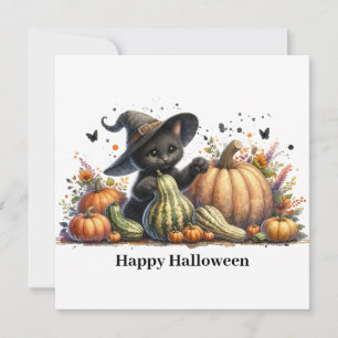 Halloween Black Witch's Kitten W/ Pumpkins Gourds Feiertagskarte