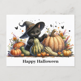 Halloween Black Witch's Kitten W/ Pumpkins Gourds Feiertagspostkarte