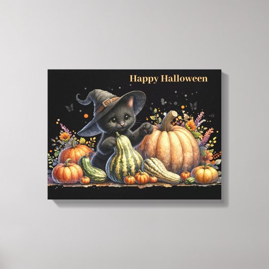 Halloween Black Witch's Kitten W/ Pumpkins Gourds Leinwanddruck (Vorderseite)