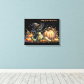 Halloween Black Witch's Kitten W/ Pumpkins Gourds Leinwanddruck (Insitu (Holzboden))