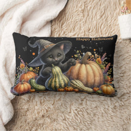 Halloween Black Witch's Kitten W/ Pumpkins Gourds Lendenkissen