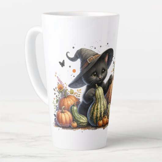 Halloween Black Witch's Kitten W/ Pumpkins Gourds Milchtasse (Linke Ecke)