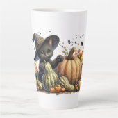 Halloween Black Witch's Kitten W/ Pumpkins Gourds Milchtasse (Vorderseite)