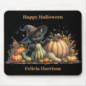 Halloween Black Witch's Kitten W/ Pumpkins Gourds Mousepad (Vorne)