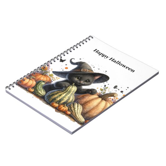 Halloween Black Witch's Kitten W/ Pumpkins Gourds Notizblock (Linke Seite)