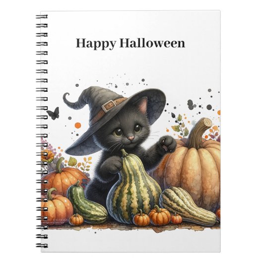 Halloween Black Witch's Kitten W/ Pumpkins Gourds Notizblock (Vorderseite)