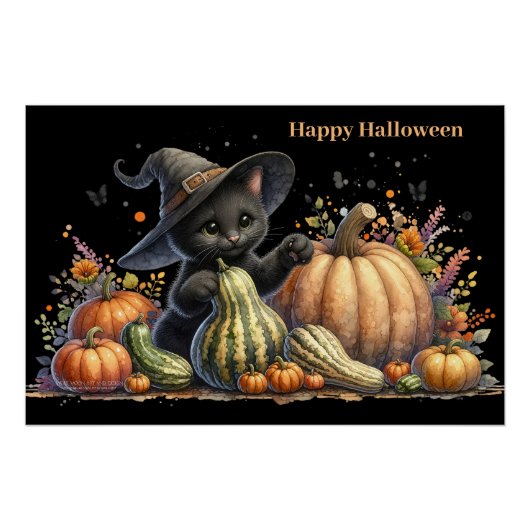 Halloween Black Witch's Kitten W/ Pumpkins Gourds Poster (Vorderseite)