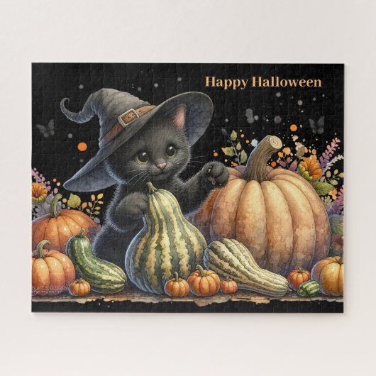 Halloween Black Witch's Kitten W/ Pumpkins Gourds Puzzle (Horizontal)