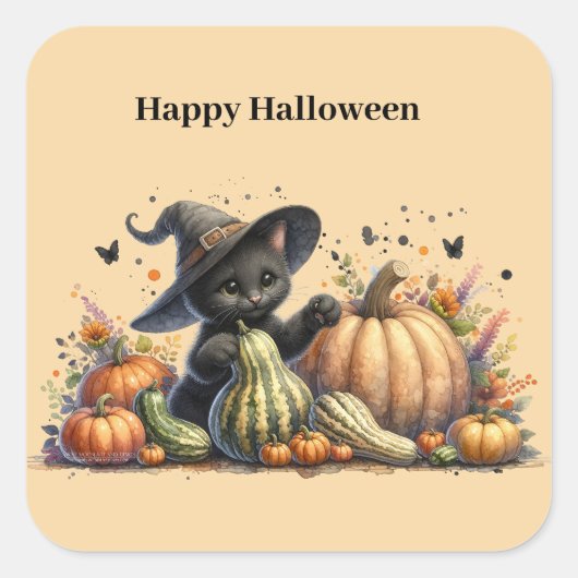 Halloween Black Witch's Kitten W/ Pumpkins Gourds Quadratischer Aufkleber (Vorderseite)