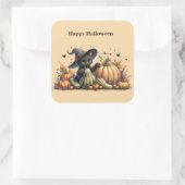 Halloween Black Witch's Kitten W/ Pumpkins Gourds Quadratischer Aufkleber (Tasche)