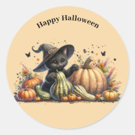 Halloween Black Witch's Kitten W/ Pumpkins Gourds Runder Aufkleber