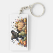 Halloween Black Witch's Kitten W/ Pumpkins Gourds Schlüsselanhänger (Rückseite)