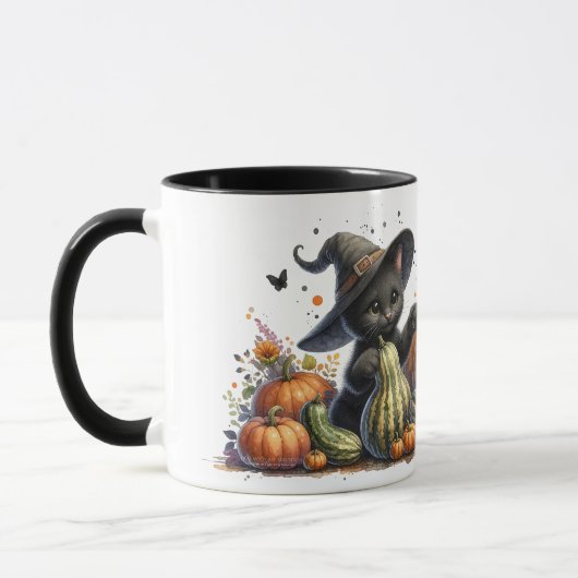 Halloween Black Witch's Kitten W/ Pumpkins Gourds Tasse (Links)