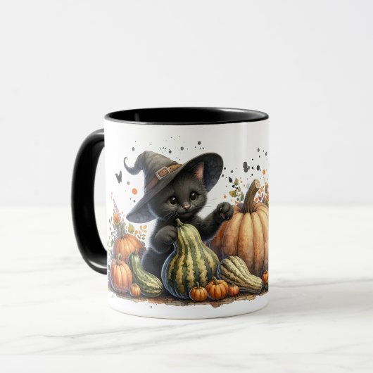 Halloween Black Witch's Kitten W/ Pumpkins Gourds Tasse (Vorderseite Links)