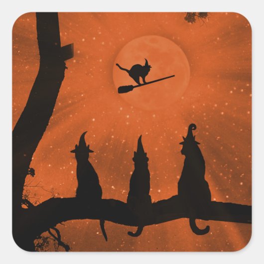 Halloween Black Witchy Cats and Moon Quadratischer Aufkleber (Vorderseite)