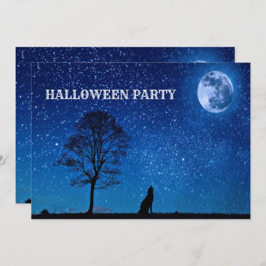 Halloween Black Wolf Tree Navy Blue Full Moon Einladung (Vorne/Hinten)