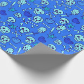 Halloween | Blaues Doodle-Schädelmuster Geschenkpapier (Ecke)