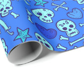 Halloween | Blaues Doodle-Schädelmuster Geschenkpapier (Rolleneckpunkt)