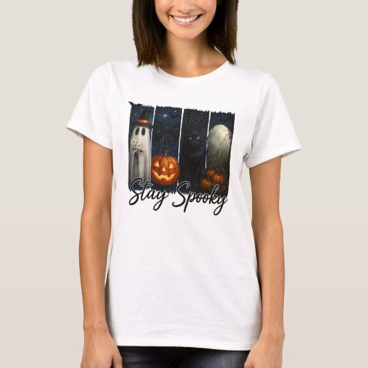 Halloween Bleibe Spooky Black Cat T-Shirt (Vorderseite)
