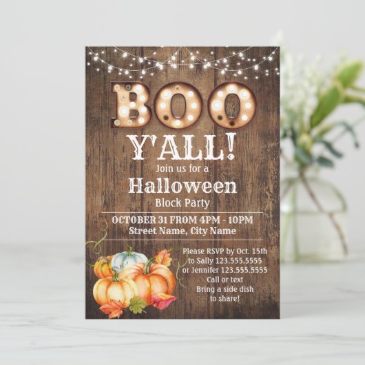 Halloween Block Party Pumpkin Fall Rustikal Einladung (Stehend Vorderseite)