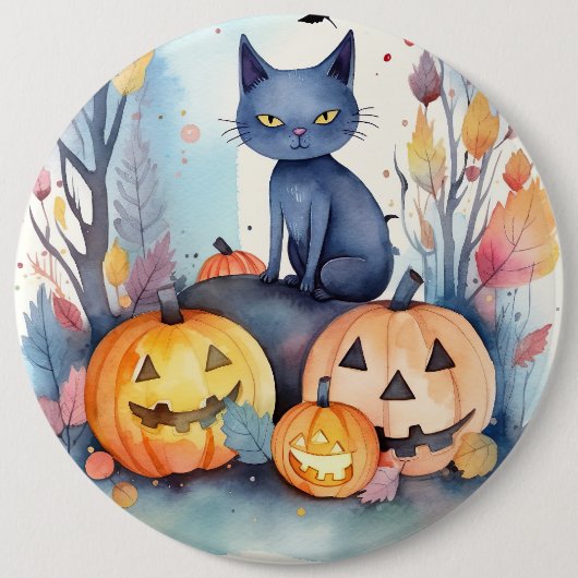 Halloween-Blue Cat mit Pumpkins Beängstigend Button (Vorderseite)