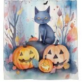 Halloween-Blue Cat mit Pumpkins Beängstigend Duschvorhang (Vorderseite)