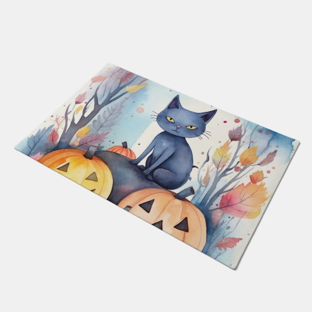 Halloween-Blue Cat mit Pumpkins Beängstigend Fußmatte (Schrägansicht)