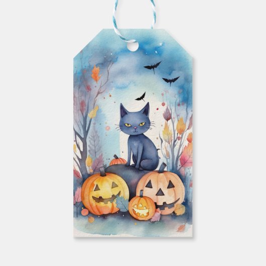 Halloween-Blue Cat mit Pumpkins Beängstigend Geschenkanhänger (Rückseite)