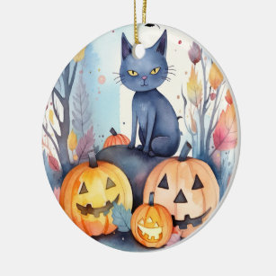 Halloween-Blue Cat mit Pumpkins Beängstigend Keramik Ornament