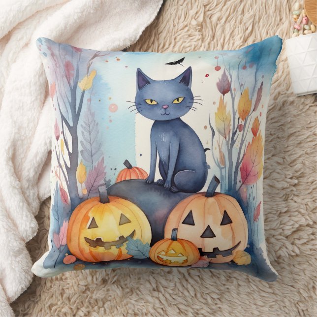 Halloween-Blue Cat mit Pumpkins Beängstigend Kissen (Decke)