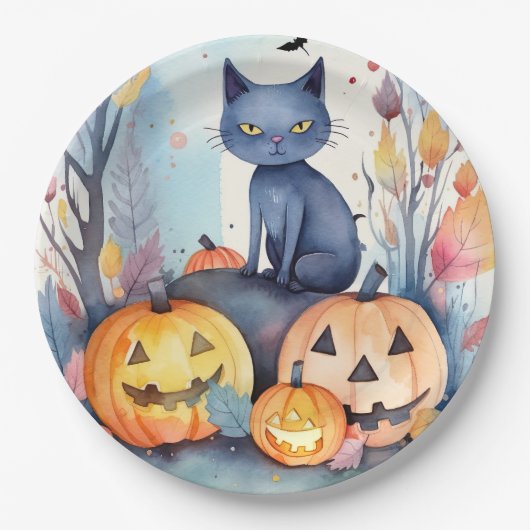 Halloween-Blue Cat mit Pumpkins Beängstigend Pappteller (Vorderseite)