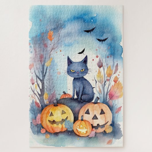 Halloween-Blue Cat mit Pumpkins Beängstigend Puzzle (Vertikal)