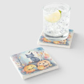 Halloween-Blue Cat mit Pumpkins Beängstigend Steinuntersetzer (Seitenansicht)