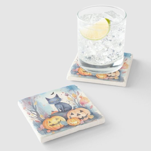 Halloween-Blue Cat mit Pumpkins Beängstigend Steinuntersetzer (Seitenansicht)