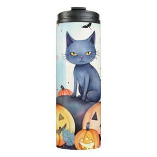 Halloween-Blue Cat mit Pumpkins Beängstigend Thermosbecher