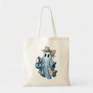 Halloween Blue Denim Boo Ghost Floral Coquette Bow Tragetasche
