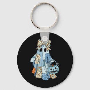 Halloween Blue Denim Boo Ghost Floral Coquette Fal Schlüsselanhänger