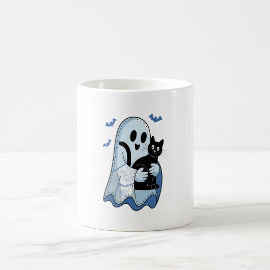 Halloween Blue Denim Ghost und Cat Kaffeetasse (Mittel)