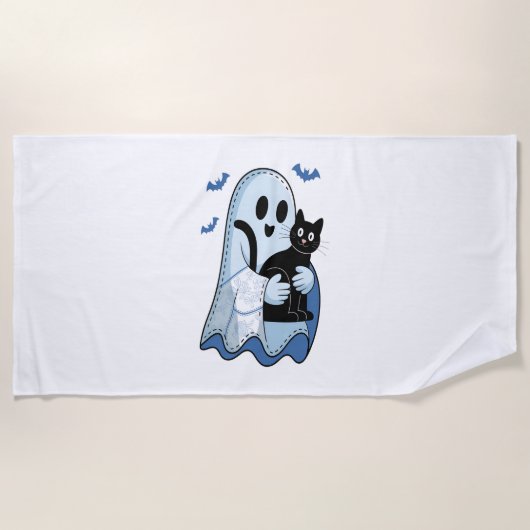 Halloween Blue Denim Ghost und Cat Strandtuch (Vorderseite)