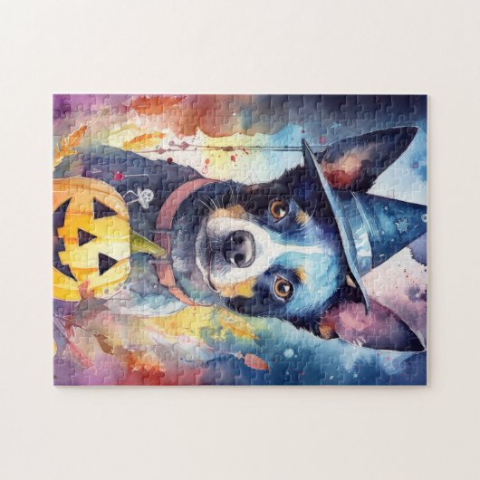 Halloween Blue Heeler mit Pumpkins Beängstigend Puzzle (Horizontal)