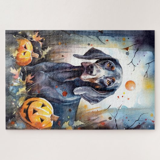 Halloween Bluetick Coonhound mit Pumpkins Beängsti Puzzle (Horizontal)