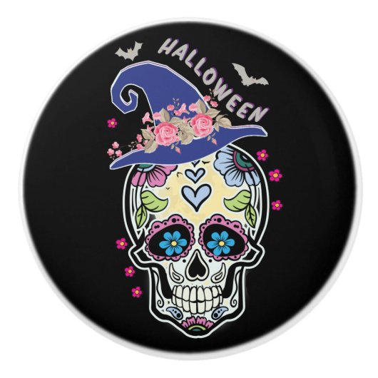 Halloween Blume Skull Keramikknauf (Vorderseite)
