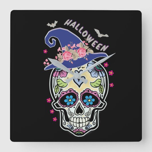 Halloween Blume Skull Quadratische Wanduhr (Vorderseite)