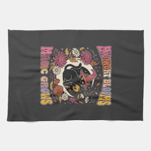 Halloween-Blumen-Hexen-Katz-Zauber Geschirrtuch (Horizontal)
