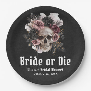 Halloween-Blumen-Schädel-Braut oder stirb Brautpar Pappteller