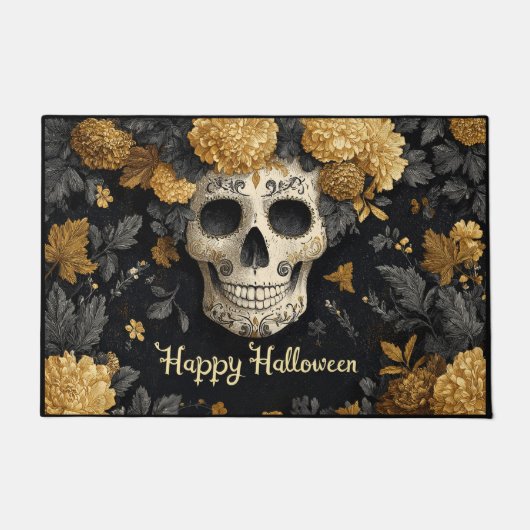 Halloween Bone White Skull with Golden Marigolds Fußmatte (Vorderseite)
