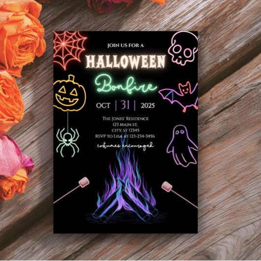 Halloween Bonfire Neon Spooky Night Costume Party Einladung