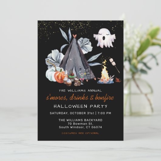 Halloween-Bonfire-Sleepover-Party Einladung (Stehend Vorderseite)