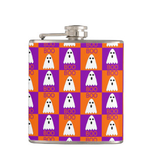 Halloween Boo Ghost Lila und Orange Squares Flachmann